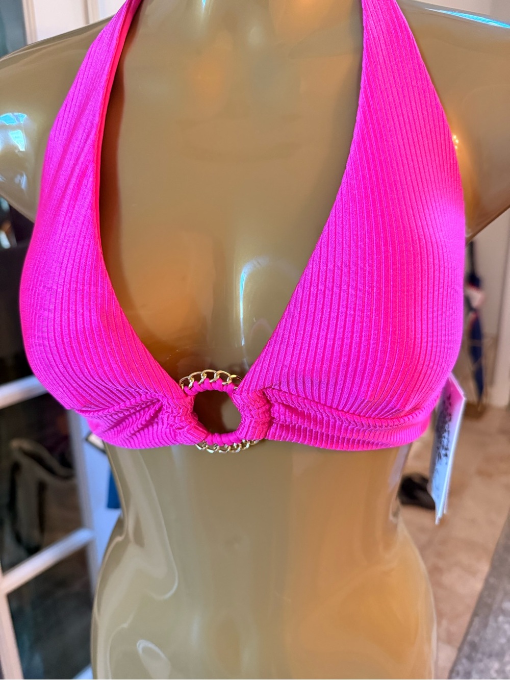 BECCA Hot Pink Ribbed Halter Bikini Top with Gold Accent - Small